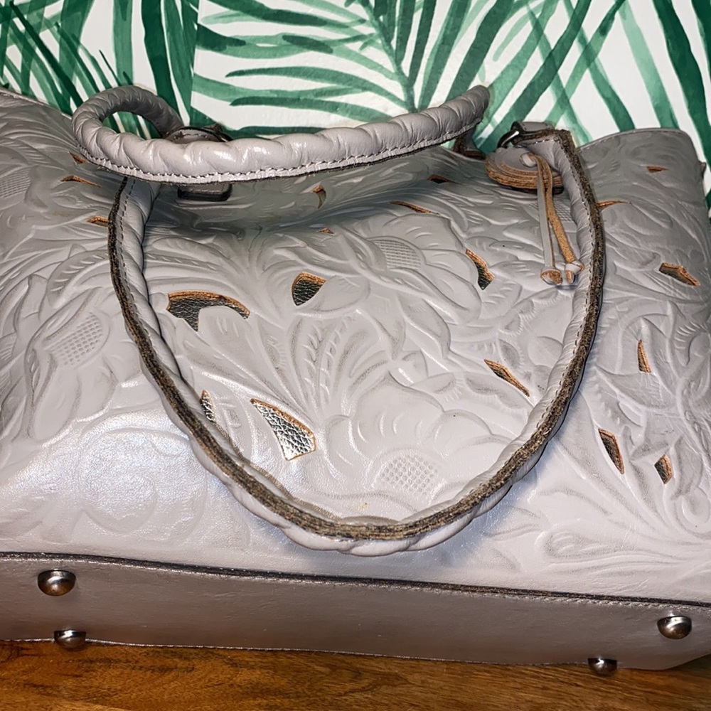 Patricia Nash Tooled Cut Out Gray Leather Tote Bag - Picture 6 of 13